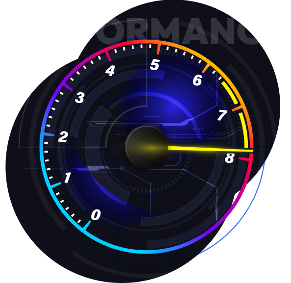 Ilustração de um velocímetro que vai do 0 ao 8. Atrás do velocímetro tem a palavra escrita 'Performance'.