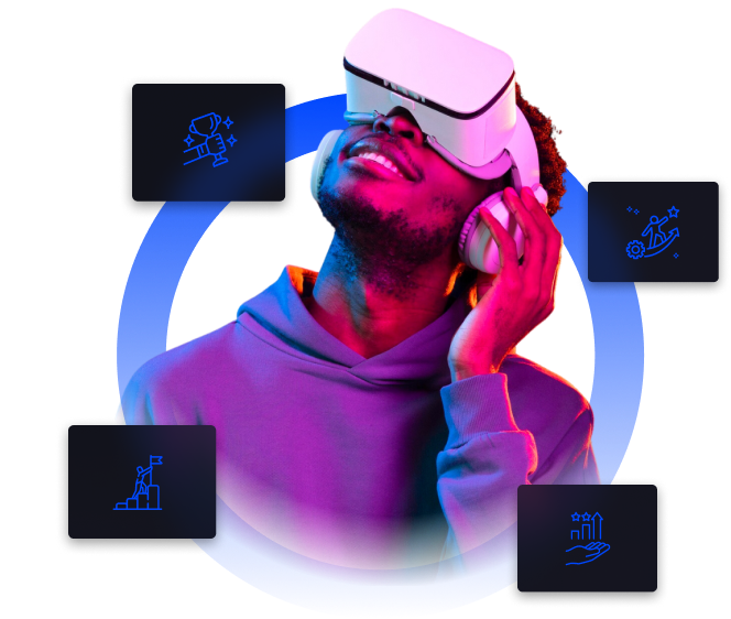 Imagem de um homem negro vestindo um moletom roxo e usando óculos de realidade virtual. Em torno desse homem há um circulo azul e com símbolos azuis espalhados pela imagem